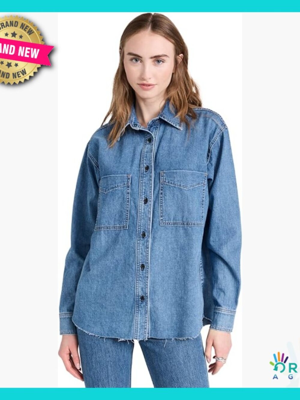 Oversized Denim Shirt Button Down Raw Hem Patch Pockets Classic Chic